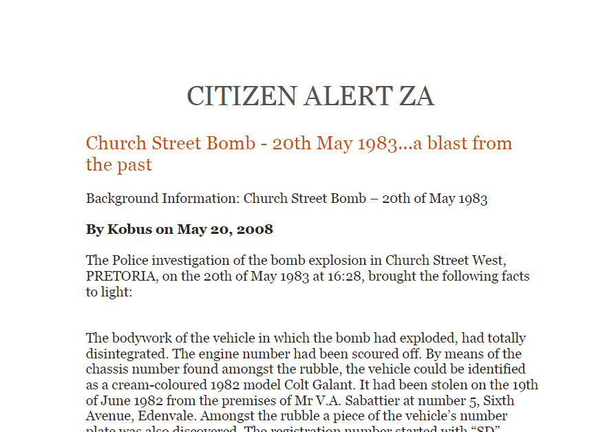 Church Street bomb - 20th May 1982 ... a blast from the past, by Kobus, Citizen Alert ZA, 20 May 2008
